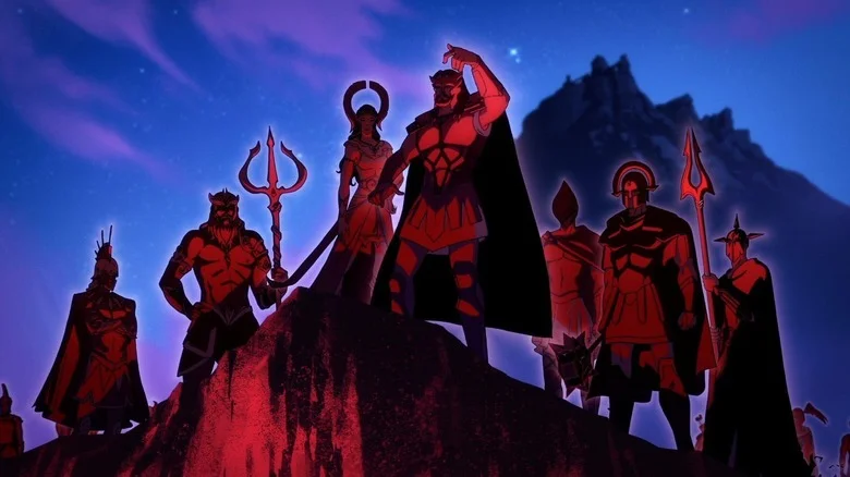 The Gods of Olympus standing on a cliffside at night