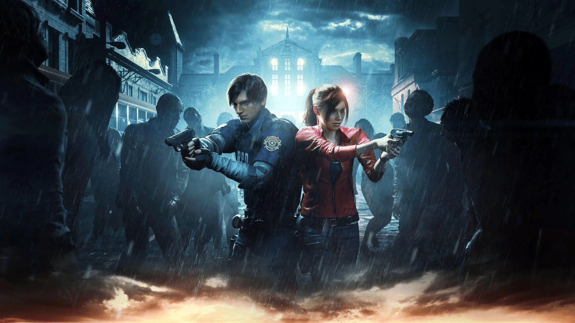 Two Armed Survivors Back to back in a Rain soaked City Street Facing a Crowd of Zombies at Night