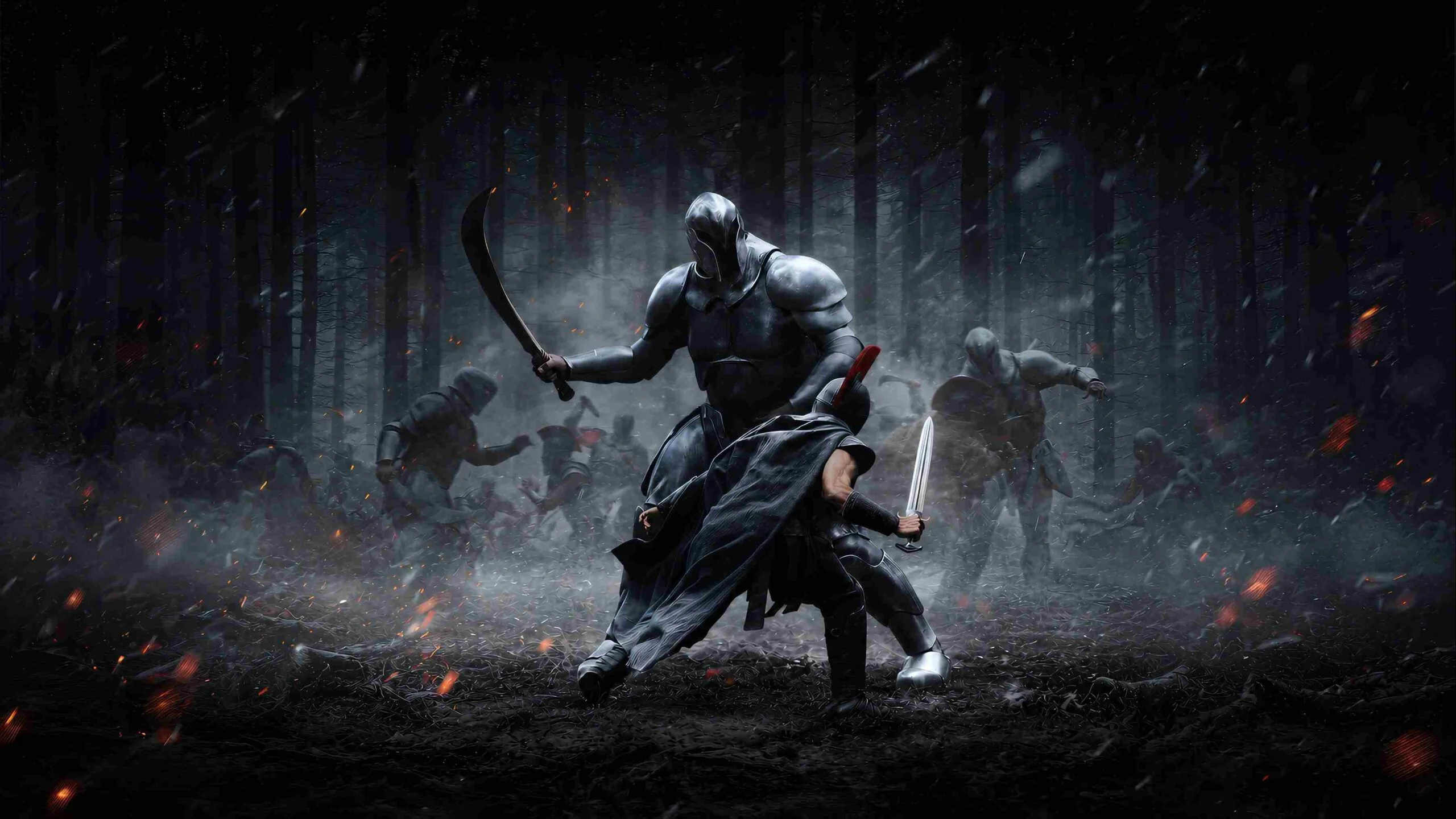 Armored Warrior Charging Through a Dark Forest Swinging a Curved Blade Amid a Chaotic Battle